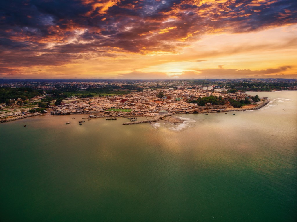 Takoradi Coastline — Sunset aerial over the Western Region coast